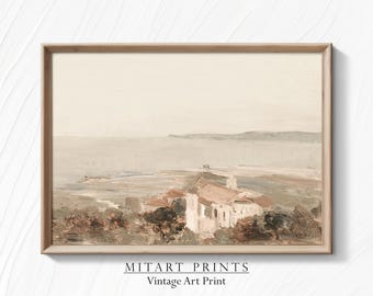 Afdrukbare vintage kustlandschapsschildering, vintage neutraal zeegezicht Art Print, cottage warme tint vintage muurkunst, downloadbaar, 25-11