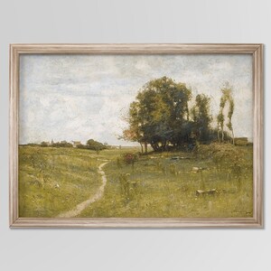 May include: A painting of a rural landscape with a dirt path leading to a small village in the distance. The path winds through a field of green grass with a cluster of trees in the foreground. The sky is a light blue with white clouds.