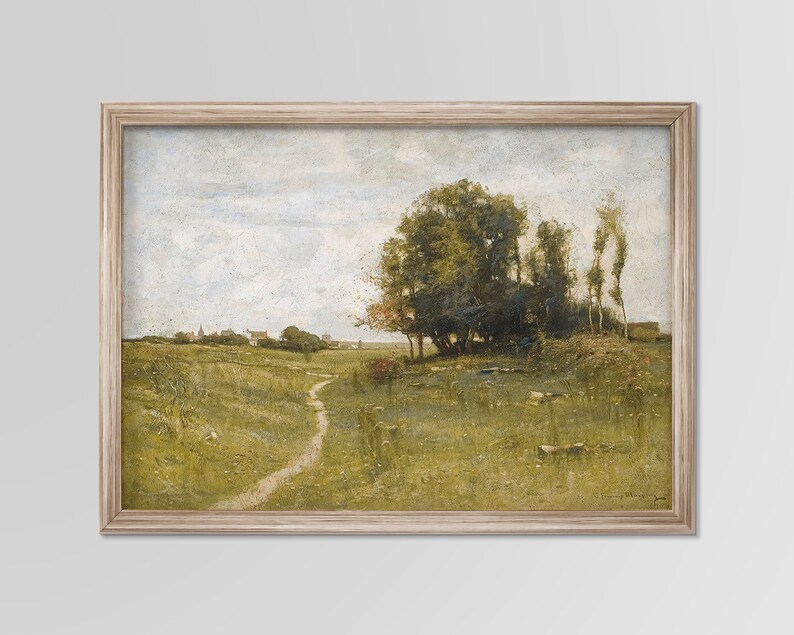 May include: A painting of a rural landscape with a dirt path leading to a small village in the distance. The path winds through a field of green grass with a cluster of trees in the foreground. The sky is a light blue with white clouds.