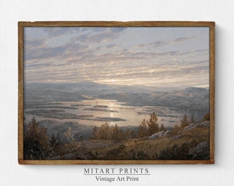 Antique Lake Painting, Vintage Landscape Painting, Vintage French Wall Art, Mountain Landscape Art Print, Printable Digital Download