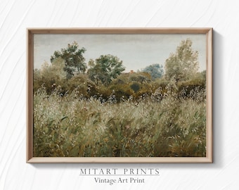 May include: A vintage art print depicting a landscape scene with a field of tall grass and trees in the background. The print is framed in a light wood frame.