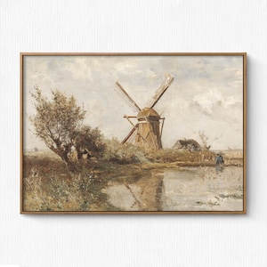 Dutch Windmill Landscape Painting, Windmill Wall Art, Vintage Holland Countryside Oil Painting, Landscape Oil Painting, Printable Wall Art