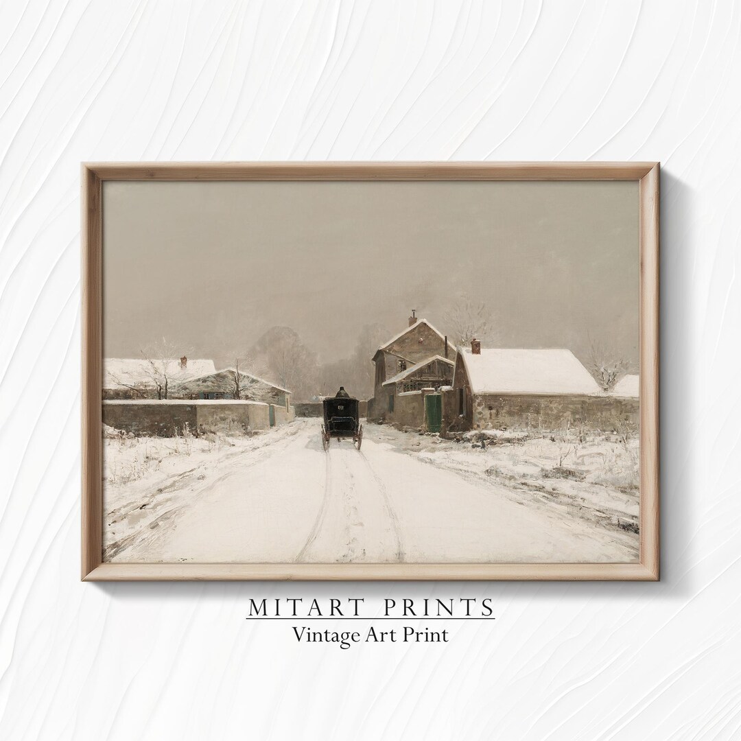 Vintage Winter Landscape Art Print, Snowy Muted Winter Village Wall Art ...