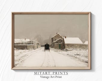 Vintage Winter Landscape Art Print, Snowy Muted Winter Village Wall Art, Printable Country Farmhouse Wall Art, Digital Art, 24-37