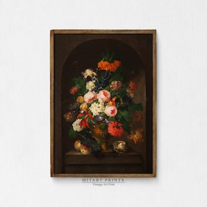 Moody Vintage Flower Print, Dark Vintage Botanical Print, Dark Floral Still Life Oil Painting, Printable Digital Antique Art, Moody Floral
