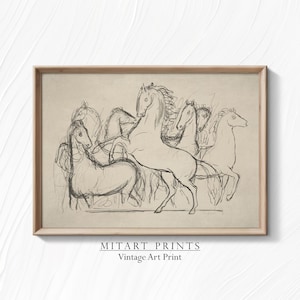May include: A black and white line drawing of five horses running in a group. The horses are drawn in a stylized, almost abstract way, with their bodies and legs flowing together. The drawing is set against a light beige background.