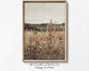 May include: A vintage art print of a field of wildflowers in shades of brown, beige, and green. The print is framed in a light wood frame and has the text "MITART PRINTS Vintage Art Print" at the bottom.
