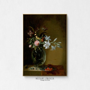 Dark Floral Stillleben Gemälde, Moody Vintage Blumen Gemälde, Dunkle Blume Wandkunst, Dark Academia Antike Kunst, druckbare Ölmalerei