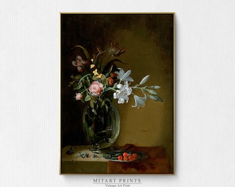 Dark Floral Still Life Painting, Moody Vintage Flower Painting, Dark Flower Wall Art, Dark Academia Antique Art, Printable Oil Painting