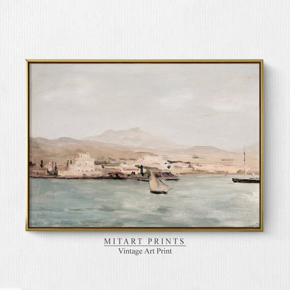 Antique Muted Coastal Painting, Vintage Seaside Landscape Painting, Vintage Muted Coastal Art, Printable