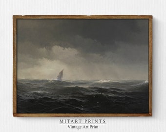 Vintage Sturm auf See ÖlGemälde, Moody Seelandschaft Malerei, Antikes Meer Bild, Vintage Schiff Kunstdruck, druckbare digitale Antike Kunst