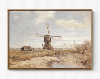 オランダの風車の風景画｜ヴィンテージオランダの田園風景油絵（印刷