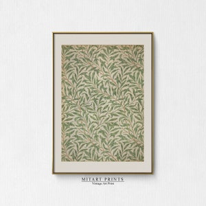 May include: A framed vintage art print featuring a repeating pattern of green leaves on a cream background. The print is titled "MITART PRINTS Vintage Art Print".