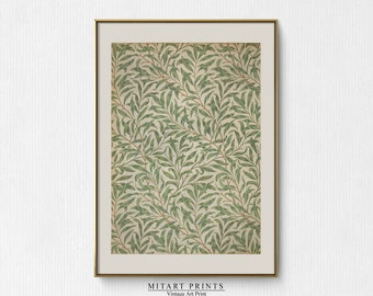 May include: A framed vintage art print featuring a repeating pattern of green leaves on a cream background. The print is titled "MITART PRINTS Vintage Art Print".