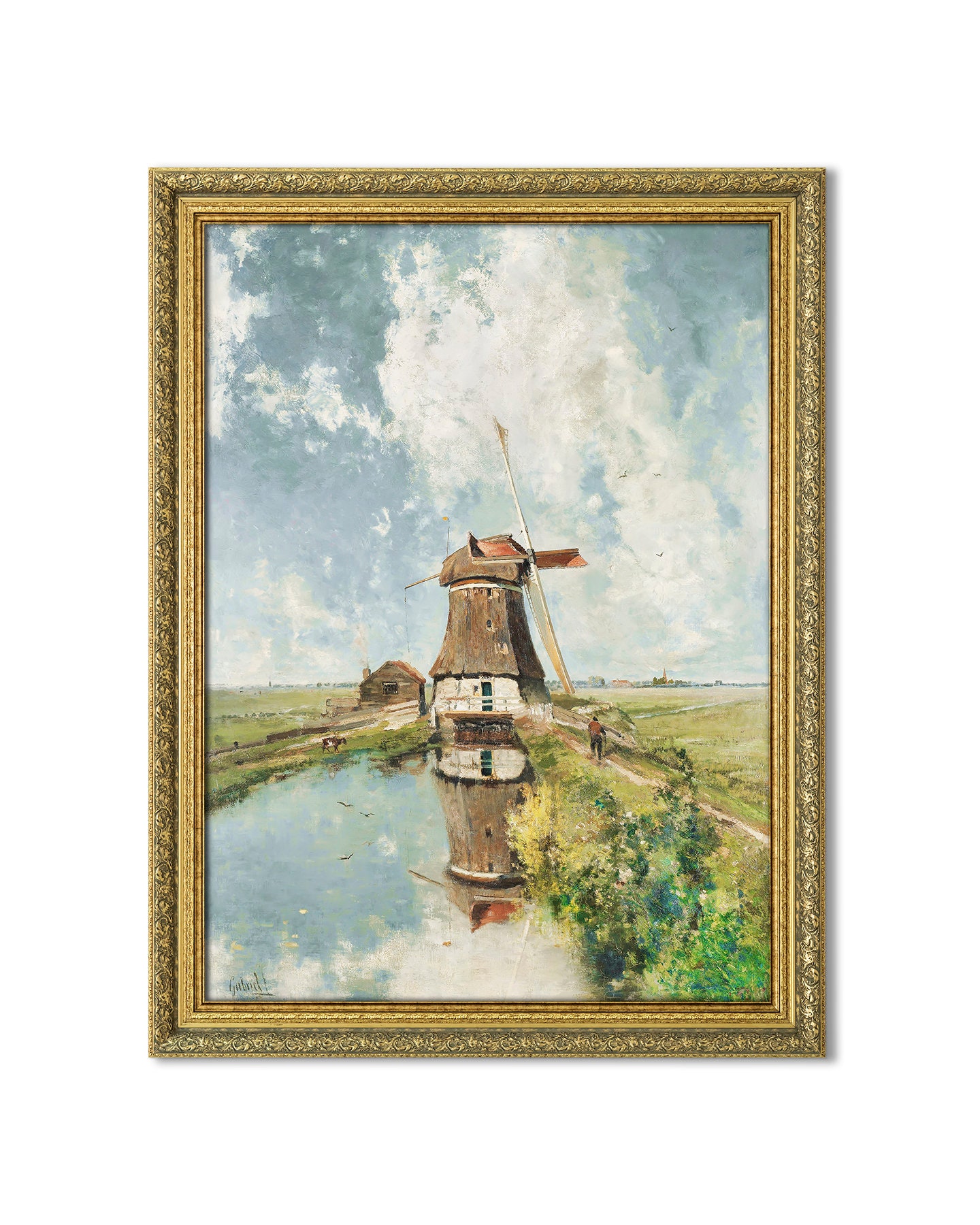 オランダの風車の風景画、風車の壁アート、風景油絵、印刷可能な