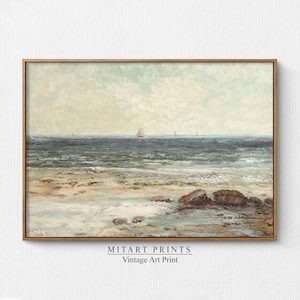 May include: A vintage seascape painting with a light blue sky, a dark blue ocean, and a sandy beach with rocks.  There are several sailboats in the distance.