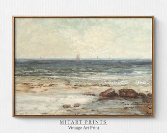 May include: A vintage seascape painting with a light blue sky, a dark blue ocean, and a sandy beach with rocks.  There are several sailboats in the distance.