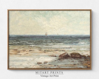 Vintage Coastal Seascape Painting, Muted Sailboat Painting, Vintage Moody Beach Print, Muted Beachscape Oil Painting Art, Digital Download