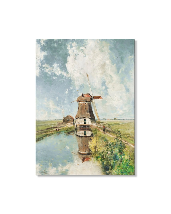 オランダの風車の風景画、風車の壁アート、風景油絵、印刷可能な壁