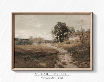 Calm Country Vintage Landscape Art Painting, Rustic Country Farmhouse Wall Decor, Vintage Oil Painting, Downloadable Art Print, 25-08