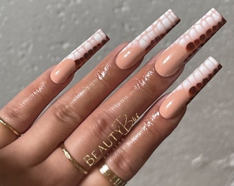 BESTIE | French Tip Press Ons | Baddie Press Ons | Crocodile animal Print Nails