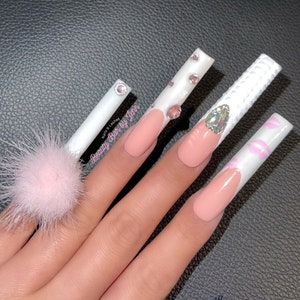 SNOW BUNNY | Luxury Press On Nails with pom pom | French Tip Nails | 3XL Square Nails