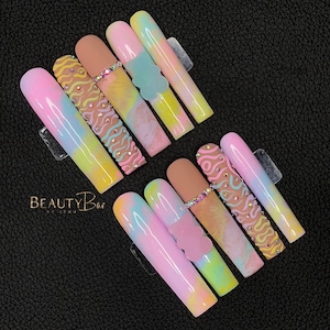 Spring It On Me | Pastel Press On Nails | 3XL Square Press Ons | Marble glue on nails | 3D Nails