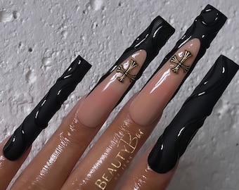 3XL Black Press On Nails | Matte Onyx, 3D Square French Tip
