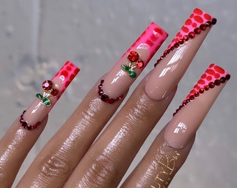 CHERRY LOVIN&#39; | French Tip Nails | 3D Crocodile Nails | XXL Square Nails | 3XL Square Nails | Baddie Press On Nails