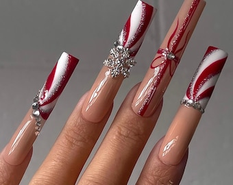 CANDY LANE / Uñas postizas navideñas / Uñas festivas / Uñas de copos de nieve / Uñas con purpurina / Uñas 3XL