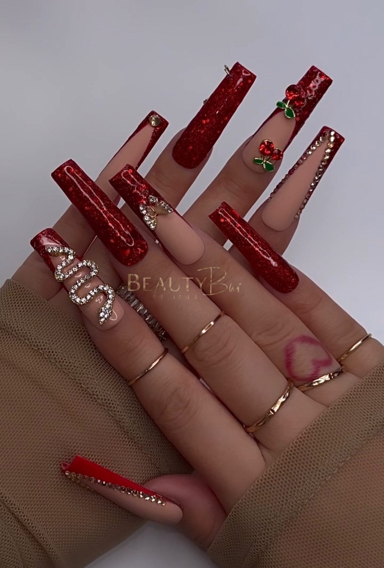 PRETTY IN RED 2XL Square Press on Nails 3XL Nails Rhinestone Nails