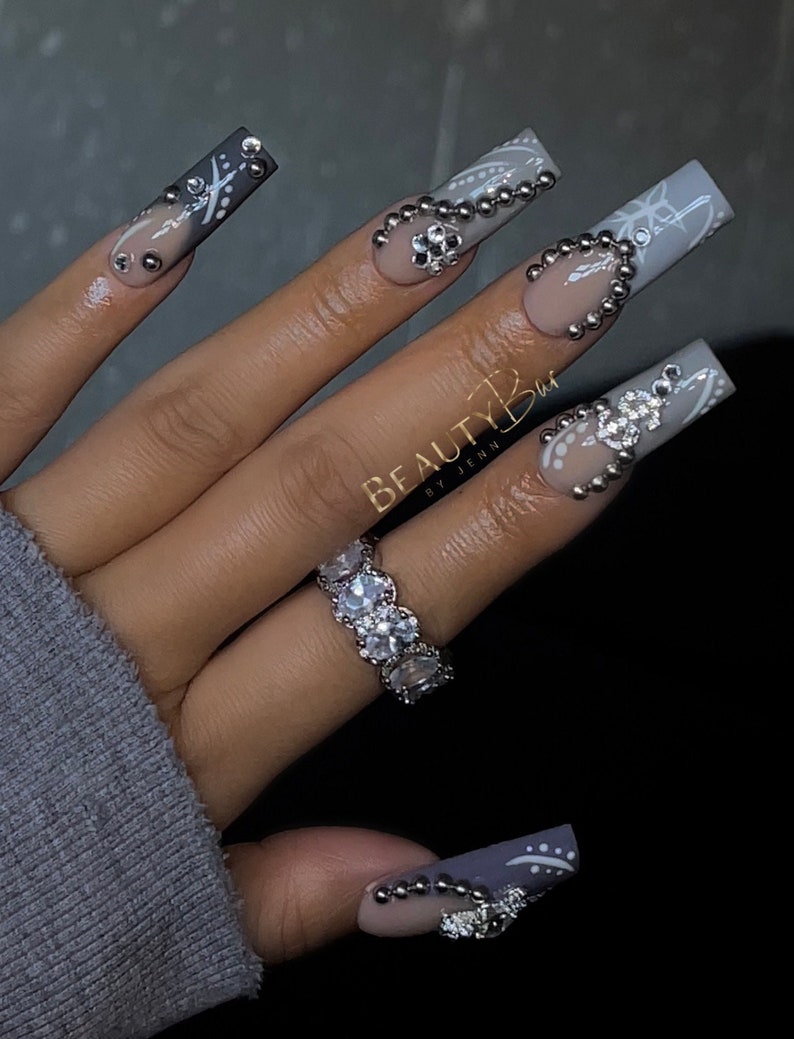 5 Shades of Grey Y2k Grunge Nails Acrylic Laid Press on Etsy Ireland