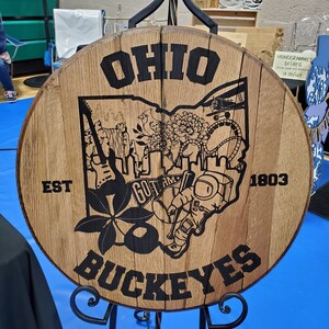 May include: A round wooden sign with a black outline of the state of Ohio. The sign reads "Ohio" at the top, "Buckeyes" at the bottom, and "Est 1803" on the right side. The outline of the state includes various icons representing the state, including a buckeye leaf, a guitar, a roller coaster, and a spaceman.
