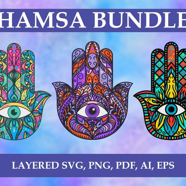 Hamsa Hand SVG Bundle, Hand of Fatima SVG Mandala SVG, Evil Eye Protection, Vector Digital Cut File Cricut, Silhouette ,Layered Svg Eps Png