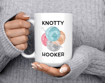 knotty hooker, ceramic mug, crafter gift, crochet mug, snarky mug, yarn mug