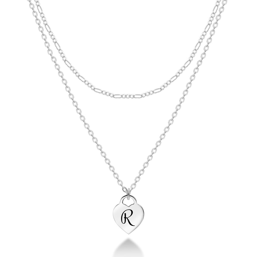 Double Chain Necklace, Sterling Silver Heart Pendant, Engraved Heart