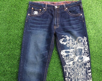 Japanese Over Print Faded Denim Straight Leg Jeans, W37 L29