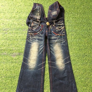 Größe 25 Riobera Bib Jeans W28 L32 Low Rise Dunkelblau Japanische Denim Bootcut Weites Bein Overalls Jeans, Taille 70 cm