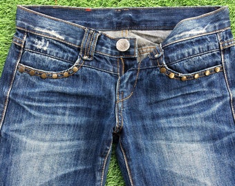 Size 26 Y2K Low Rise Distressed Flare Jeans W29 L30 Japanese Denim, Vintage Low Waist Flared Denim Pants, waist 29"