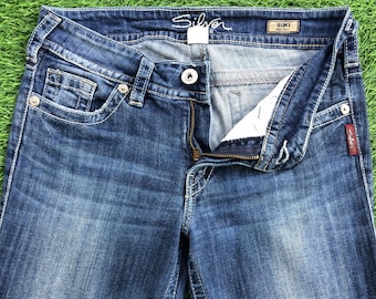 Vaqueros plateados Y2K, de tiro bajo y corte acampanado, estilo vintage de los 2000 (W29 L31)