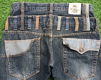 Talla 32 Pantalones vaqueros de mezclilla japoneses de doble cintura desgastados, dominan los jeans hechos a mano