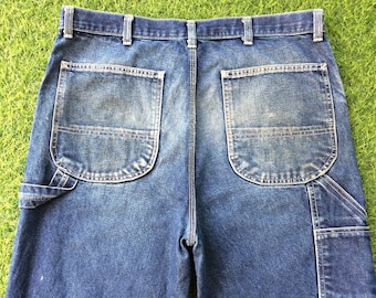 Size 35 Vintage Roebuck Denim Carpenter Workwear Pants Jeans High Waisted Distressed Wide Straight Leg Dungarees Jeans, Extra Large 35"