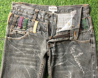 Talla 29 Pantalones vaqueros de mezclilla japoneses de doble cintura desgastados, medianos 29"