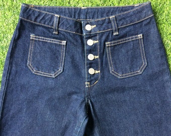 Size 26 Vintage Western Sailor Bootcut Jeans Navy Bellbottoms Exposed Button Fly Wide Leg Flare Jeans, waist 26&quot; medium