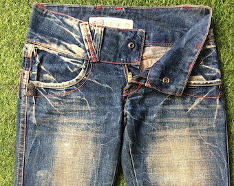 Jean évasé taille basse taille basse Y2K W27 L35 surpiqûres contrastées et délavé, pantalon en denim évasé taille basse vintage taille S