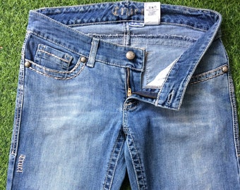 Y2K Low Rise Bootcut Jeans Frauen Dicke Stitch Gesäßtasche W31 L34