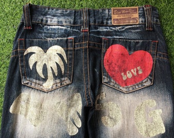 Size 29 Distressed Blue Moon Blue Big Spell Out Surf Denim Jeans Pants, Medium 29&quot;