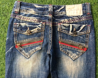 Y2K Low Rise Flare Jeans, Distressed Japanese Denim, Waist 30"