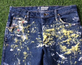 Vaqueros Wrangler vintage, talla W34 L30 – Denim con efecto desgastado y salpicaduras de pintura