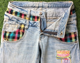Talla 32 Jeans japoneses Pantalones de mezclilla a cuadros de cintura doble Seditionaries, grande 32"